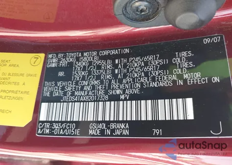 2008 Toyota Highlander из США, поврежденный, VIN JTEDS41AX82017328